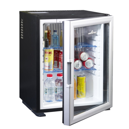 Mini bar Peltier porte vitrée  40 litres entrouvert 